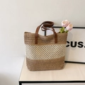 Bolso tote de paja tejida marrón y beige con asas de cuero sintético para el verano - Caqui (Sin Colgante)