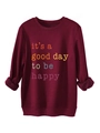 Dettaglio felpa bordeaux in peluche con stampa dello slogan it's a good day to be happy - S / Borgogna