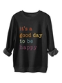 Detail of soft gray fleece lining and colorful slogan print on black long sleeve sweatshirt - Black