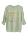 Detail of light green sweatshirt rib-knit cuffs and happy quote graphic print - Olive Green