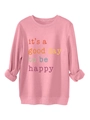 Close-up of pink casual thick fleece sweatshirt with colorful 'it's a good day' slogan - Peach