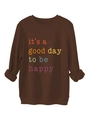 Detail of soft ribbed crewneck and colorful printed motivational slogan on brown sweatshirt - Coffee