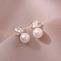 Elegant gold swan earrings with marquise cubic zirconia and lustrous white pearls - Gold Swan Pearl Earrings