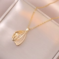 Elegante collana dorata a doppie ali con zirconi incastonati per donna - Stile Ala di Farfalla d'Oro (X3486)