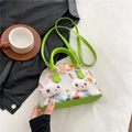 Mini floral shell bag with 3D bunny crochet pattern in green and white PU leather - Rabbit Style / Large
