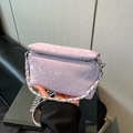 Lavender purple snake-embossed box bag with silver chain and leather woven strap - No Pendant / Purple