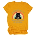Detail of funny ginger cat crochet t-shirt with rainbow print and humorous text - S / Mustard Yellow