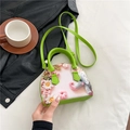 Pink floral elephant print mini shell bag with green leather handles and long shoulder strap - Elephant Style / Small