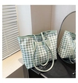 Chic green and white checkered tote bag with leather strap and front brand logo tag - No Pendant / Green