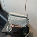 Silver snakeskin textured shoulder bag with metallic chain and wide leather strap - No Pendant / Silver