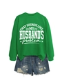 Détail du sweat à manches longues vert avec slogan et short en jean vieilli - S / Vert Herbe (Police Blanche)