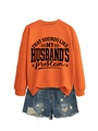 Detail of orange sweatshirt with black slogan and distressed blue denim shorts combo - Orange (Black Font)