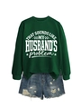 Deep green crewneck sweatshirt with slogan print and distressed denim shorts - Dark Green (White Font)
