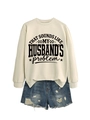Detail of the crewneck sweatshirt featuring a bold graphic print slogan with stars - Sand (Black Font)