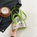 Mini floral shell bag in vibrant green leather with handmade 3D panda crochet flower - Panda Style / Small