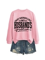 Close-up of pink long-sleeved sweatshirt with letter print and distressed denim shorts - Pink (Black Font)