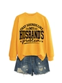 Flat lay of yellow sweatshirt with black text slogan and ripped denim shorts - Yellow (Black Font)
