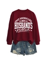 Burgundy crewneck sweatshirt featuring white text and distressed denim shorts detail - Wine Red (White Font)
