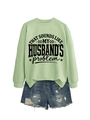 Detail of light green sweatshirt with ribbed crew neck and black husband's problem print - Olive Green (Black Font)