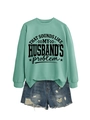 Detail of mint green sweatshirt with husband slogan and distressed denim shorts set - Light Green (Black Font)