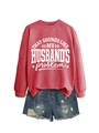 Close-up of red crewneck sweatshirt with white husband's problem text and denim shorts - Red (White Font)