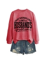 Detail of red crewneck sweatshirt with vintage lettering and distressed denim shorts - Red (Black Font)
