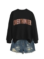 Detailed flat lay of a black crewneck sweatshirt with OVERTHINKER arch letter print - Black