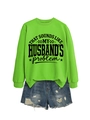 Neon green sweatshirt detail with bold slogan print and distressed denim shorts - Fluorescent Green (Black Font)