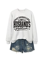 Detail of white crewneck sweatshirt with black quote and distressed denim shorts - Off-White (Black Font)