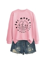 Pink crewneck sweatshirt with Ski More Worry Less print paired with frayed denim shorts - Pink (Black Font)