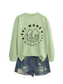 Detail of light green sweatshirt with Ski More Worry Less print and ripped denim shorts - Olive Green (Black Font)