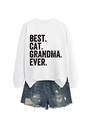 Flat lay of BEST CAT GRANDMA EVER sweatshirt and distressed blue denim shorts - White (Black Print)
