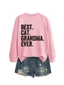 Pink Best Cat Grandma Ever sweatshirt paired with distressed denim shorts detail - Pink (Black Print)