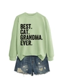 Detail of Best Cat Grandma Ever print on light green sweatshirt with denim shorts - Olive Green (Black Print)