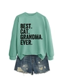Mint green BEST CAT GRANDMA EVER sweatshirt paired with ripped denim shorts - Light Green (Black Print)