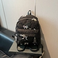Mini black quilted backpack with pink bow embroidery and spacious front zipper pocket - No Pendant / Large / Black