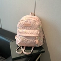 Pink quilted school backpack for women featuring cute rainbow crochet bow details - No Pendant / Large / Pink