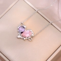 Artistic silver heart necklace featuring pink and purple zircon stones in a lava design - Pink Purple Heart Necklace (X3384)