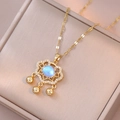 Elegant gold Ruyi lock necklace with blue moonstone and white zircons for women - Blue Cat's Eye Safety Lock (X3533) / Gold
