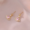 Elegant gold-tone fan-shaped jewelry set featuring pink zircons and crystal pavé details - E1110 Pink Skirt Earrings