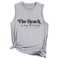 Dettaglio dello slogan The beach is my therapy e del nodo laterale sulla canotta grigia - S / Grigio chiaro