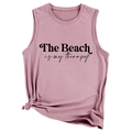 Détail du débardeur en coton rose avec slogan de plage et noeud latéral tendance - Rose racine de lotus