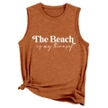 Débardeur femme orange rouille avec texte blanc The Beach is my therapy imprimé - Orange Brûlé