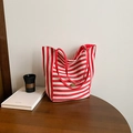 Striped canvas tote bag in red and white with oval metal logo and red handles - Red A-Side (Stripes)