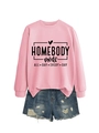 Detailed flat lay of pink long sleeve sweatshirt with text and ripped denim shorts - Pink (Black Font)