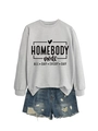 Detailed view of light gray sweatshirt with black Homebody Mode typography and denim shorts - Grey (Black Font)