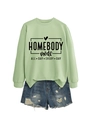 Detail of sage green sweatshirt with Homebody Mode print and distressed denim shorts - Olive Green (Black Font)
