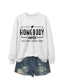 Flat lay of light gray sweatshirt with 'HOMEBODY' print and distressed blue denim shorts - Off-White (Black Font)