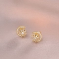 Golden flower and moon stud earrings with sparkling cubic zirconia on purple background - Rotating Flower Earrings (E1140) / Gold