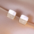 Elegant gold square stud earrings with iridescent shell inlay and sparkling crystals - Shell Square Style (E1182)